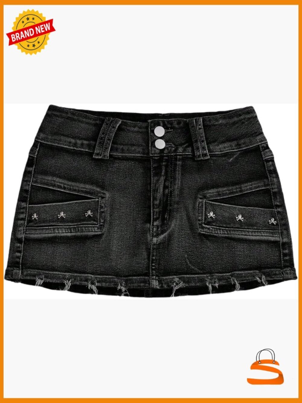 Goth Skull Studded Jean Skirt Y2K Ripped Denim Mini Skirt Pockets